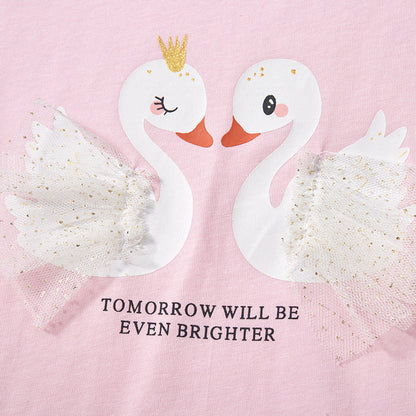 Kids Short Sleeve T-Shirt with Round Neck Printed Cute Pink Swan