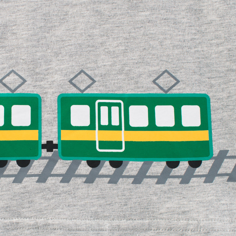 Color Block Crew Neck Short Sleeve T-Shirt with Train Pattern