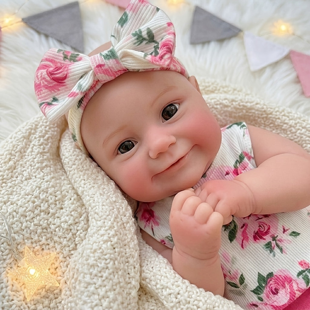 30cm Maddie Silicone Stretchable Smile Reborn Baby Girl in Pink Floral Outfits