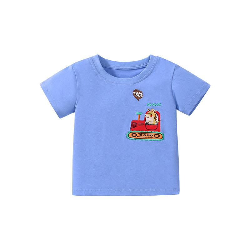 Boys' Solid Color Crew Neck Short Sleeve Cartoon T-Shirt
