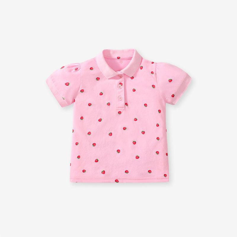 Girls' short-sleeved cotton polo with strawberry polka dots