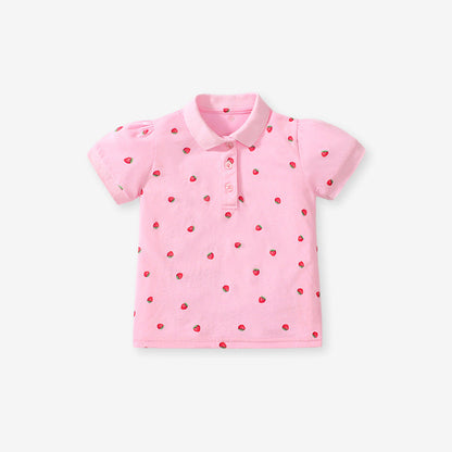 Girls' short-sleeved cotton polo with strawberry polka dots