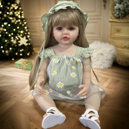 55cm Open Eyes Long Blonde Hair Betty Reborn Baby Girl In Green Daisy Outfits
