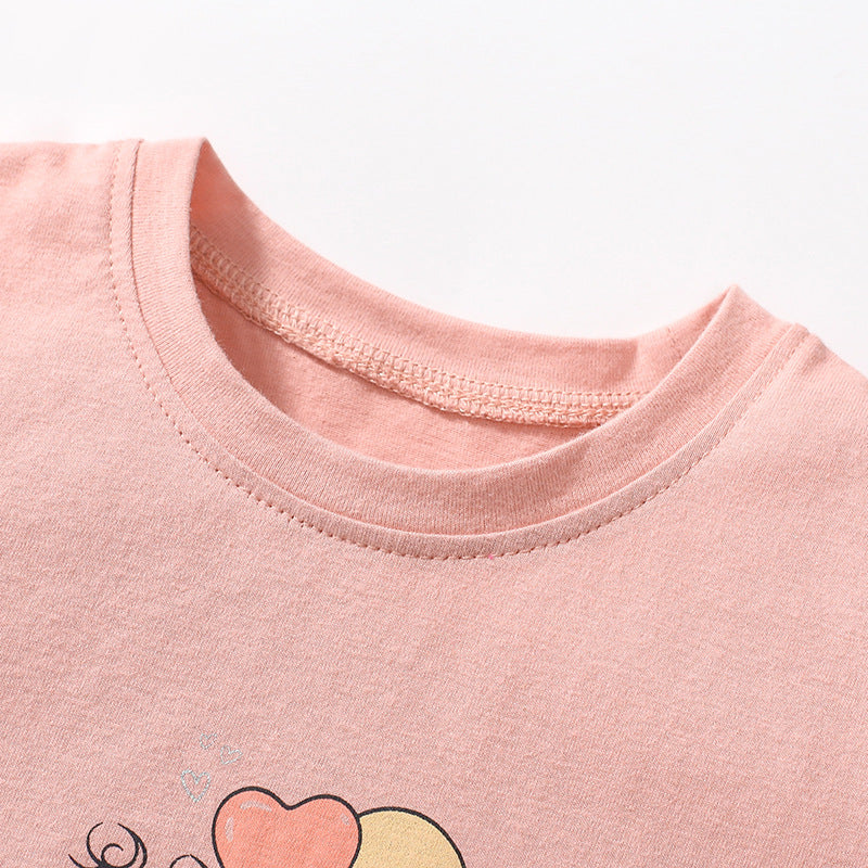 Girls' Cotton Mesh Floral Print Round Neck Short Sleeve T-Shirt