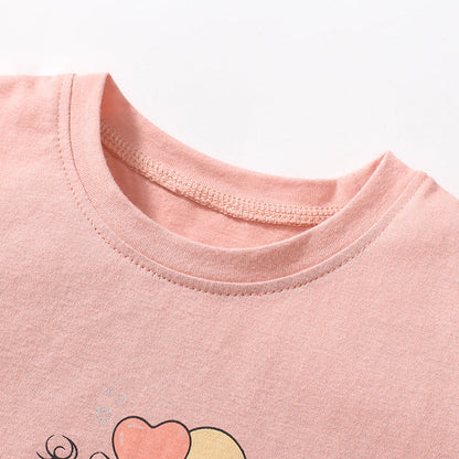 Girls' Cotton Mesh Floral Print Round Neck Short Sleeve T-Shirt