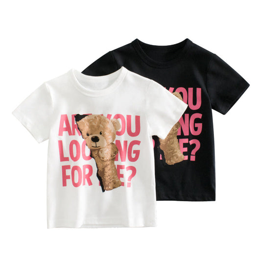 Cartoon Letter Round Neck Short Sleeve T-Shirt