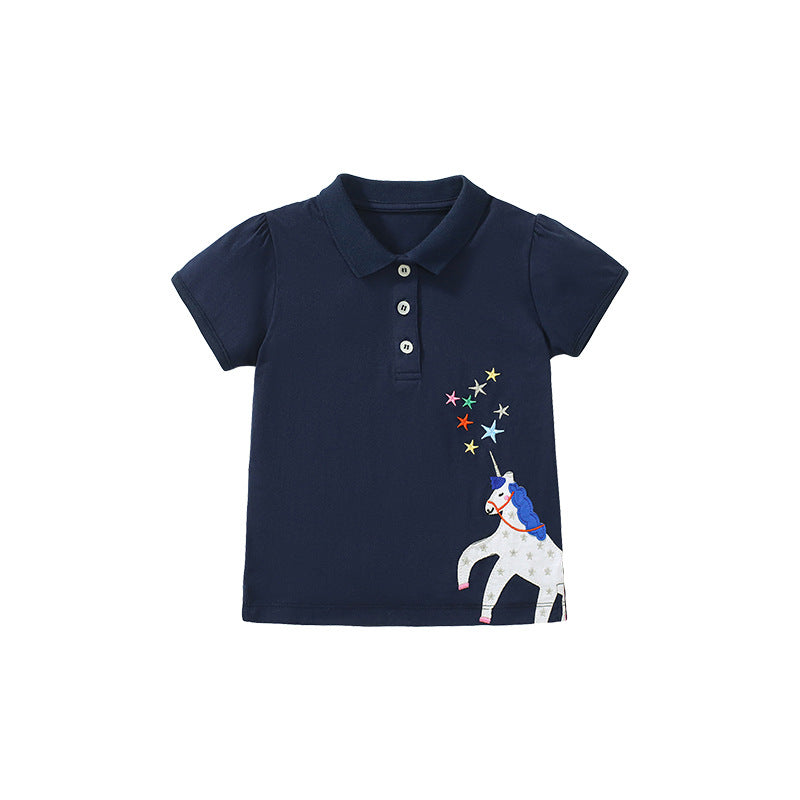 Short-sleeved T-shirt with high neck and unicorn embroidery in cotton