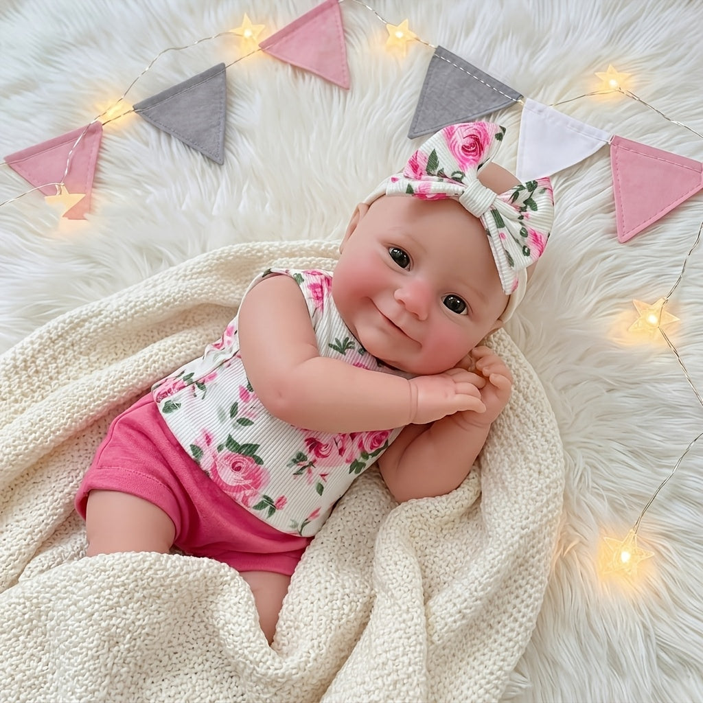 30cm Maddie Silicone Stretchable Smile Reborn Baby Girl in Pink Floral Outfits