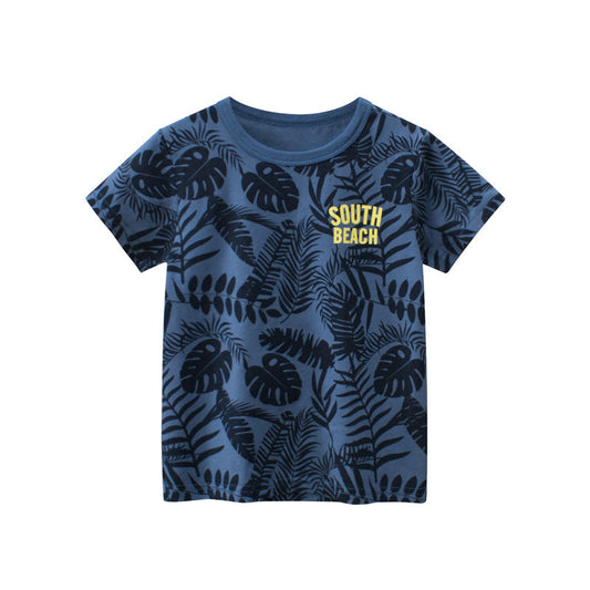 Short-sleeved crew neck T-shirt with leaf and letter print