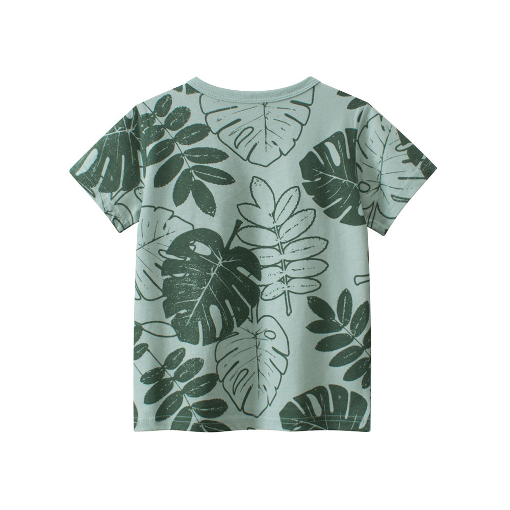 Short-sleeved crew neck T-shirt with leaf motif