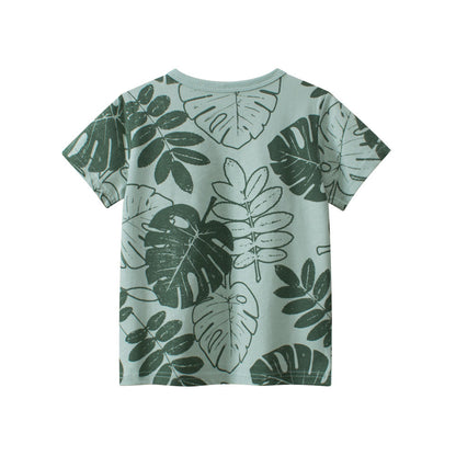 Short-sleeved crew neck T-shirt with leaf motif