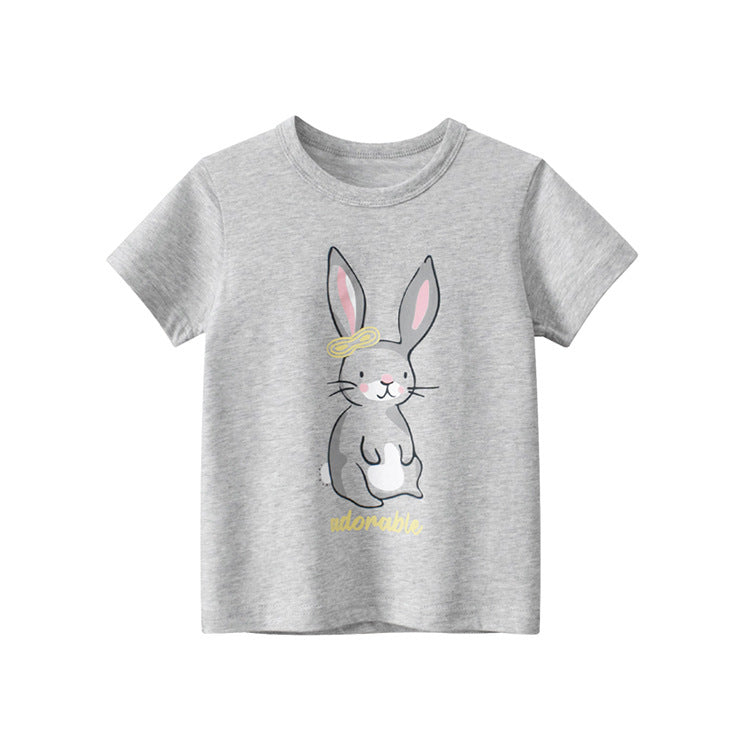 Gray Cartoon Rabbit Crew Neck Short Sleeve T-Shirt