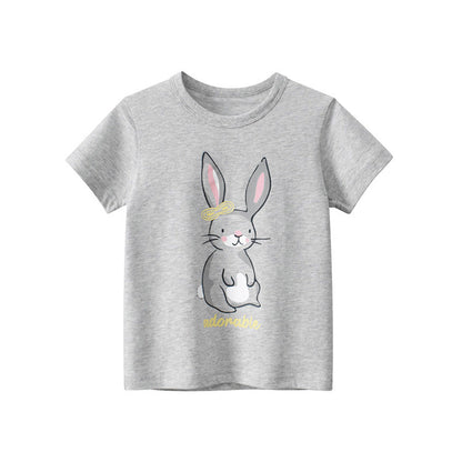 Gray Cartoon Rabbit Crew Neck Short Sleeve T-Shirt
