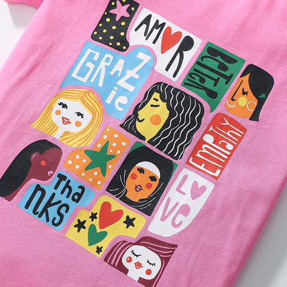 Girls' Short Sleeve Cotton Cartoon Printed T-Shirt