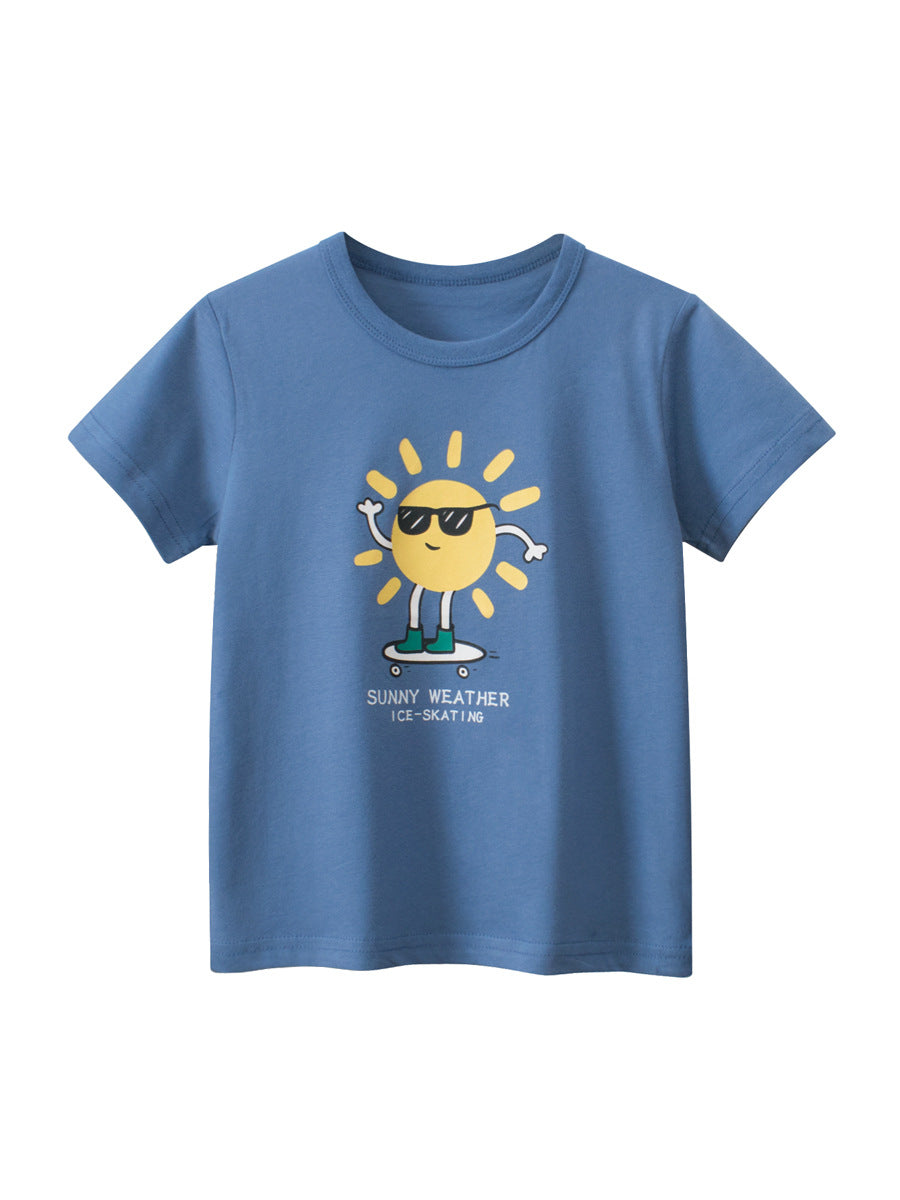 Blue short-sleeved T-shirt for kids with sun print