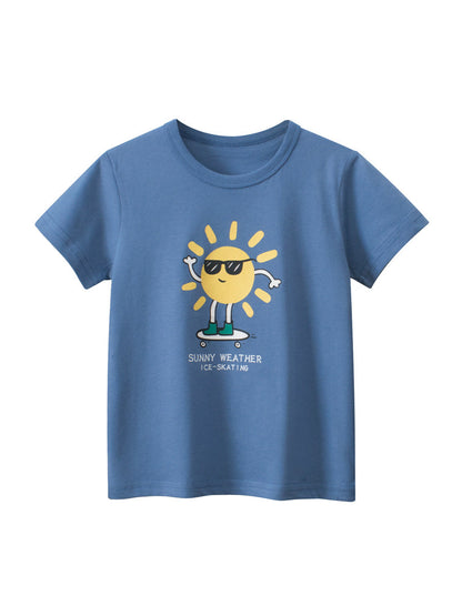 Blue short-sleeved T-shirt for kids with sun print