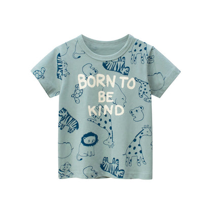 Green Cartoon Animal Letter Crew Neck Short Sleeve T-Shirt