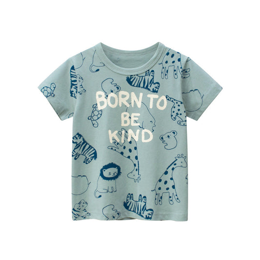Green Cartoon Animal Letter Crew Neck Short Sleeve T-Shirt