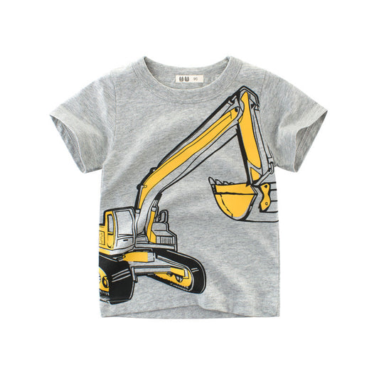Cartoon Excavator Print Short Sleeve T-Shirt Grey