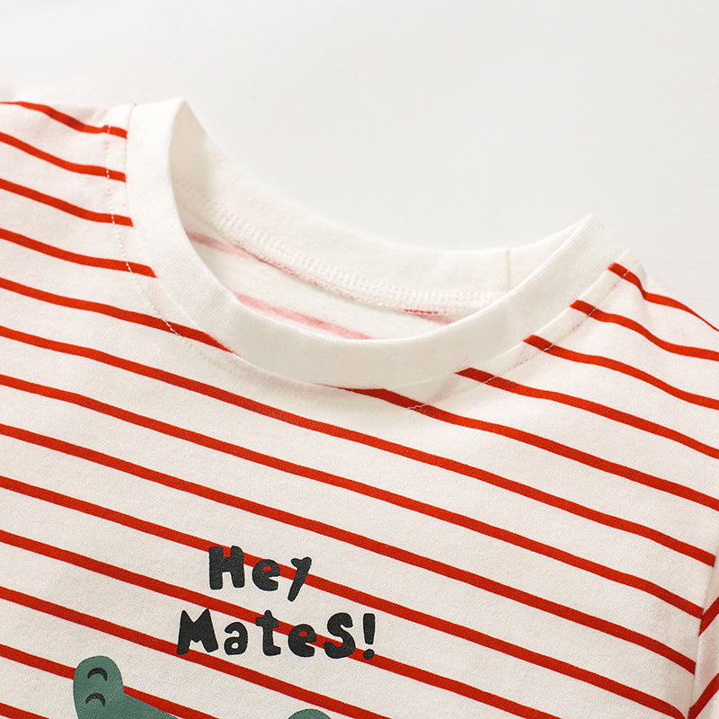Girls' Cotton Cartoon Crocodile Striped Short Sleeve T-shirt, Crew Neck