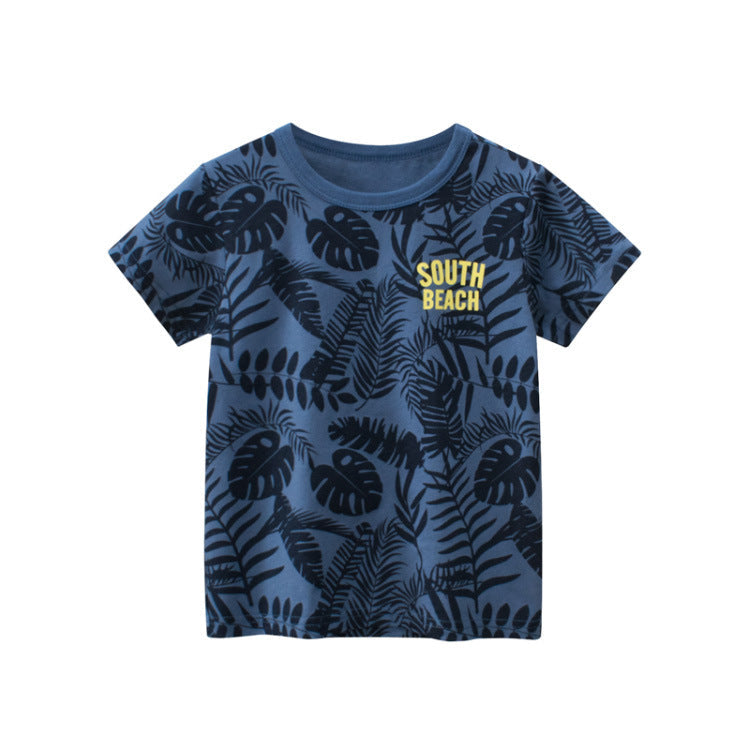 Short-sleeved crew neck T-shirt with leaf and letter print