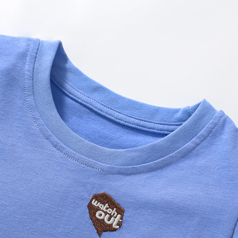 Boys' Solid Color Crew Neck Short Sleeve Cartoon T-Shirt