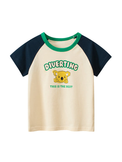 Cartoon Koala Letter Color Block Crew Neck Short Sleeve T-Shirt
