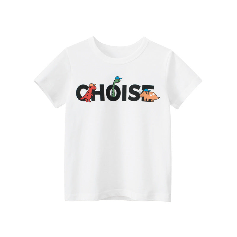 Solid Color Dinosaur Letter Round Neck Short Sleeve T-Shirt
