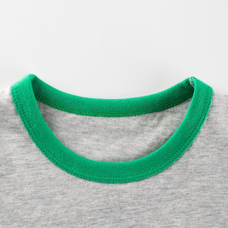 Color Block Crew Neck Short Sleeve T-Shirt with Train Pattern