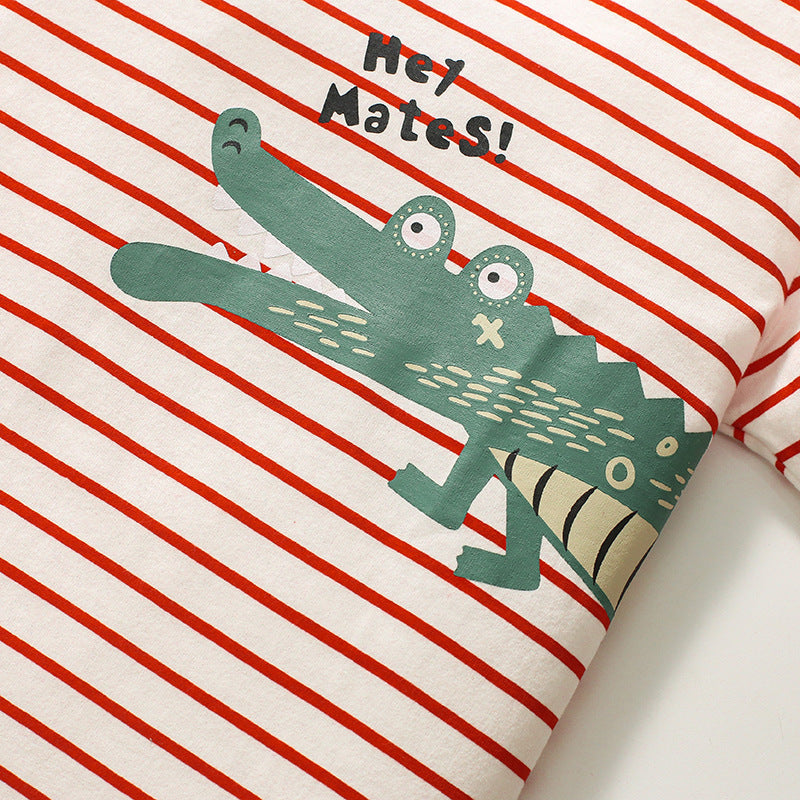 Girls' Cotton Cartoon Crocodile Striped Short Sleeve T-shirt, Crew Neck