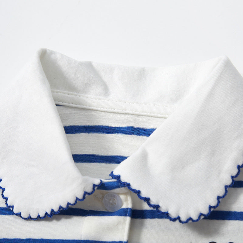 Girls' Short Sleeve Striped T-Shirt with Lace Collar