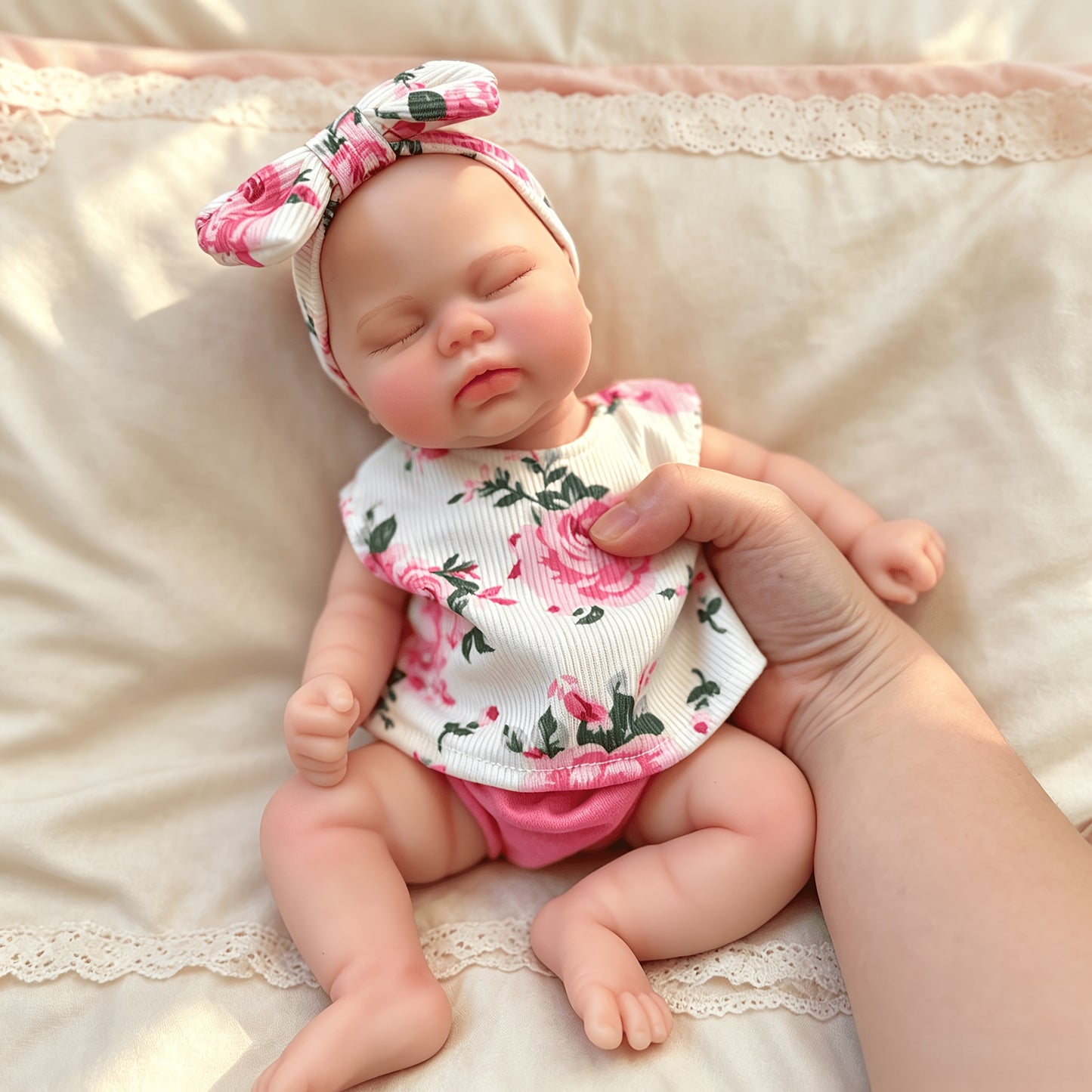 30cm Full Silicone Closed Eyes Triplets Reborn Doll Girls In Floral Outfits