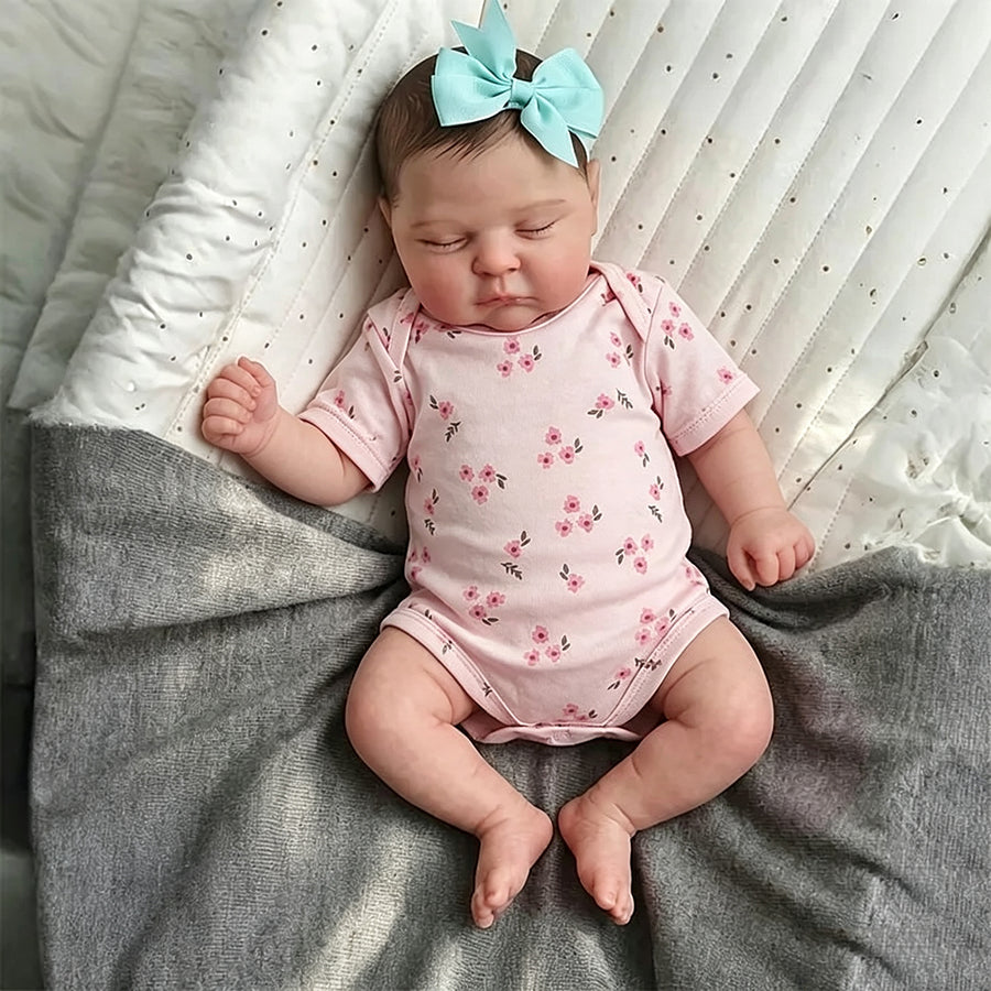 20 Inches 3D Skin Closed Eyes Reborn Baby Girl In Pink Floral Clothes- Peaches
