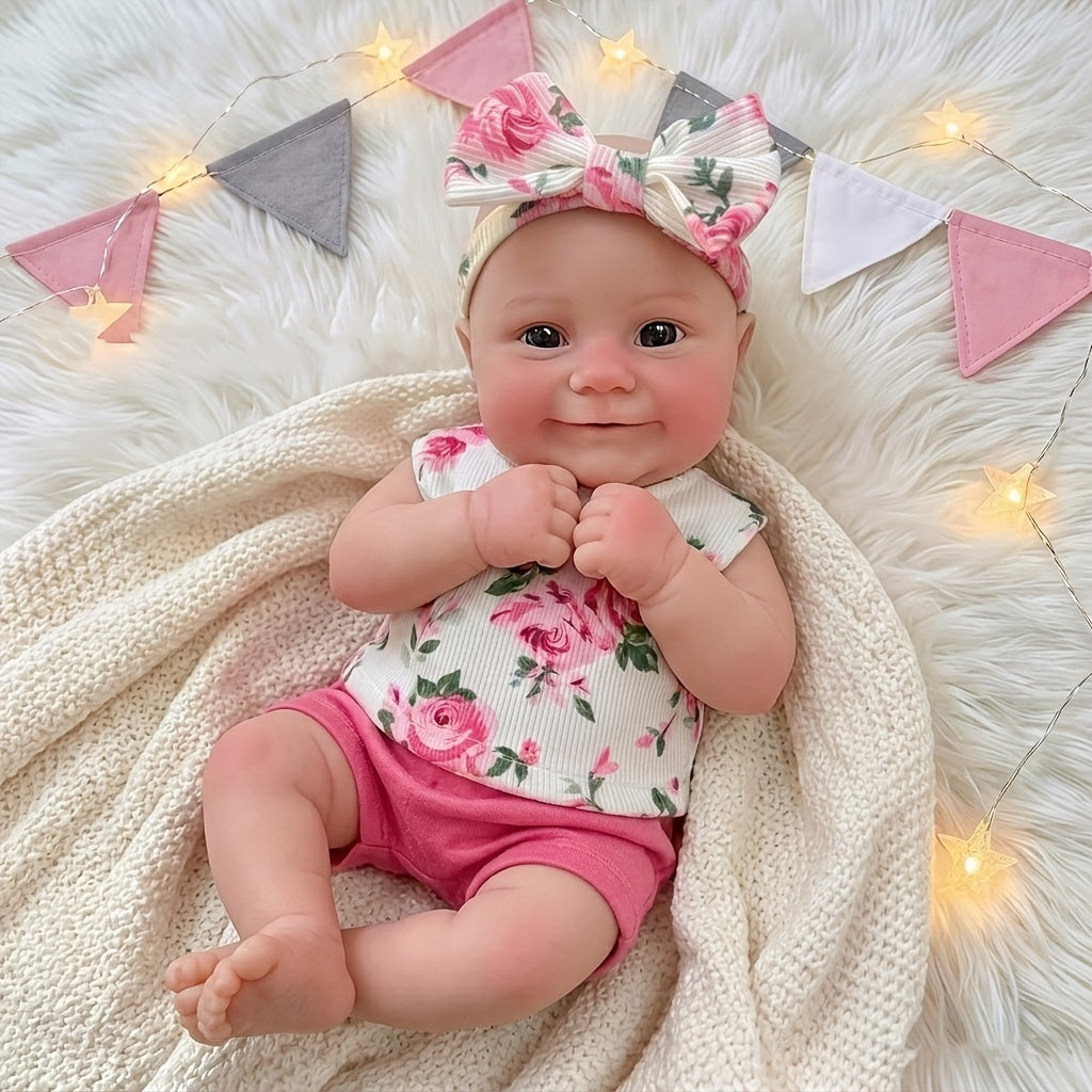 30cm Maddie Silicone Stretchable Smile Reborn Baby Girl in Pink Floral Outfits