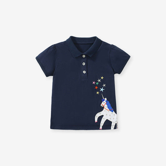Short-sleeved T-shirt with high neck and unicorn embroidery in cotton