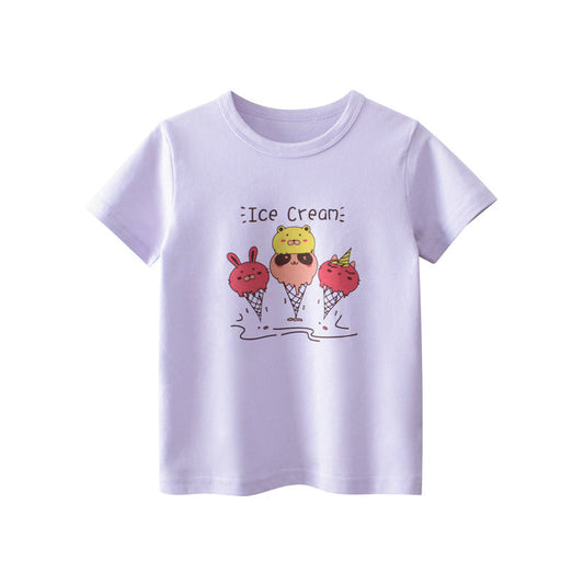 Purple Ice Cream Printed Round Neck Short Sleeve T-Shirt