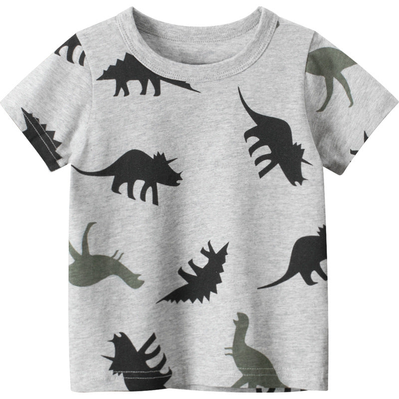 Gray Cartoon Dinosaur Print Round Neck Short Sleeve T-Shirt