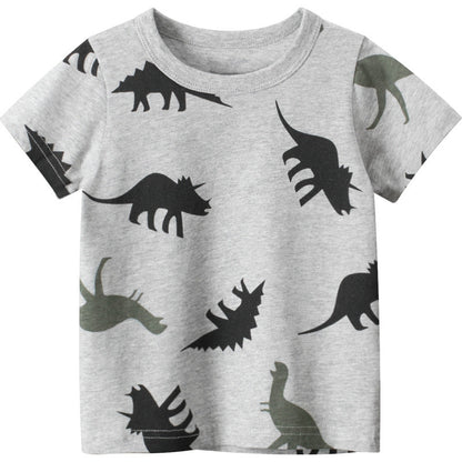 Gray Cartoon Dinosaur Print Round Neck Short Sleeve T-Shirt