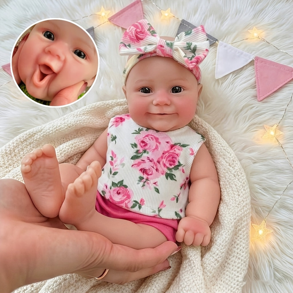 30cm Maddie Silicone Stretchable Smile Reborn Baby Girl in Pink Floral Outfits