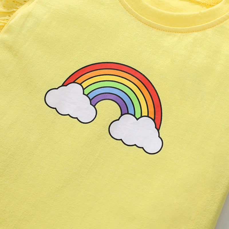 Girls' Rainbow Short Sleeve T-Shirt with Flying Sleeves