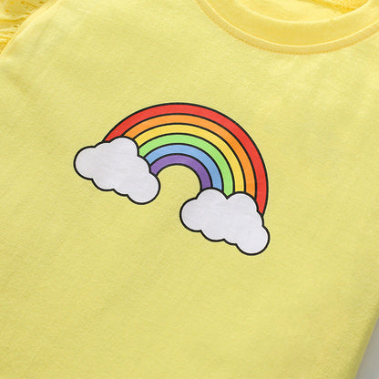 Girls' Rainbow Short Sleeve T-Shirt with Flying Sleeves