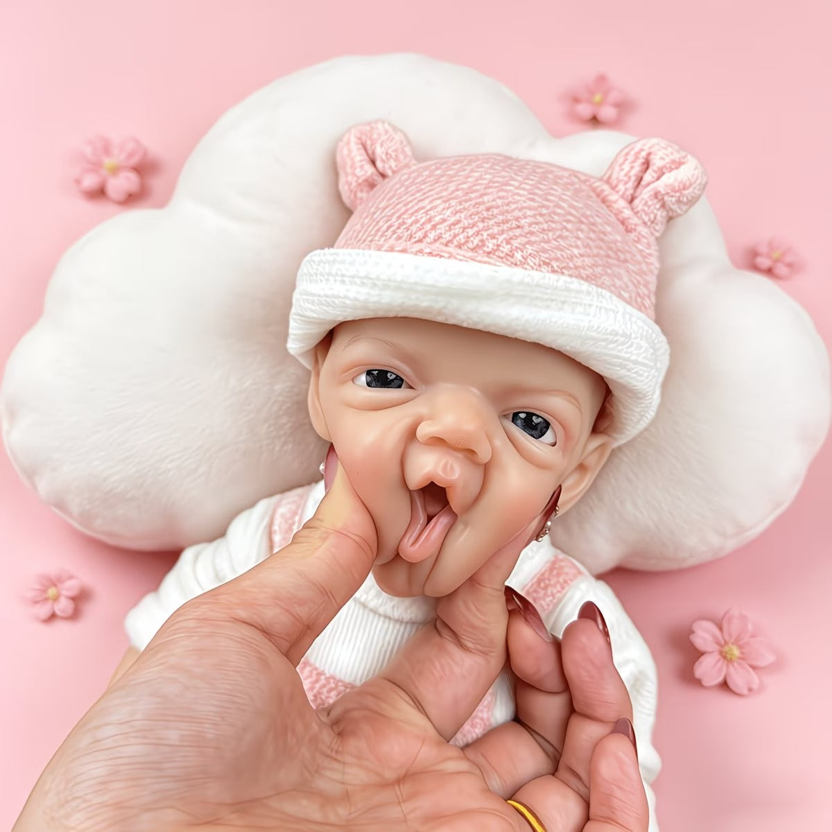 30cm Lifelike Smile Full Silicone Blue Eyes  Charlie Reborn Girl in Pink Bear Clothes