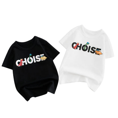 Solid Color Dinosaur Letter Round Neck Short Sleeve T-Shirt