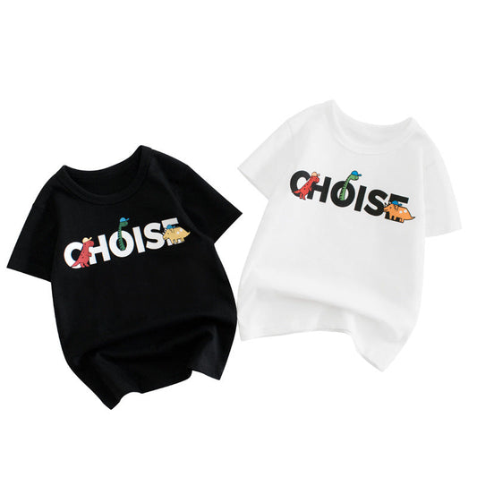 Solid Color Dinosaur Letter Round Neck Short Sleeve T-Shirt