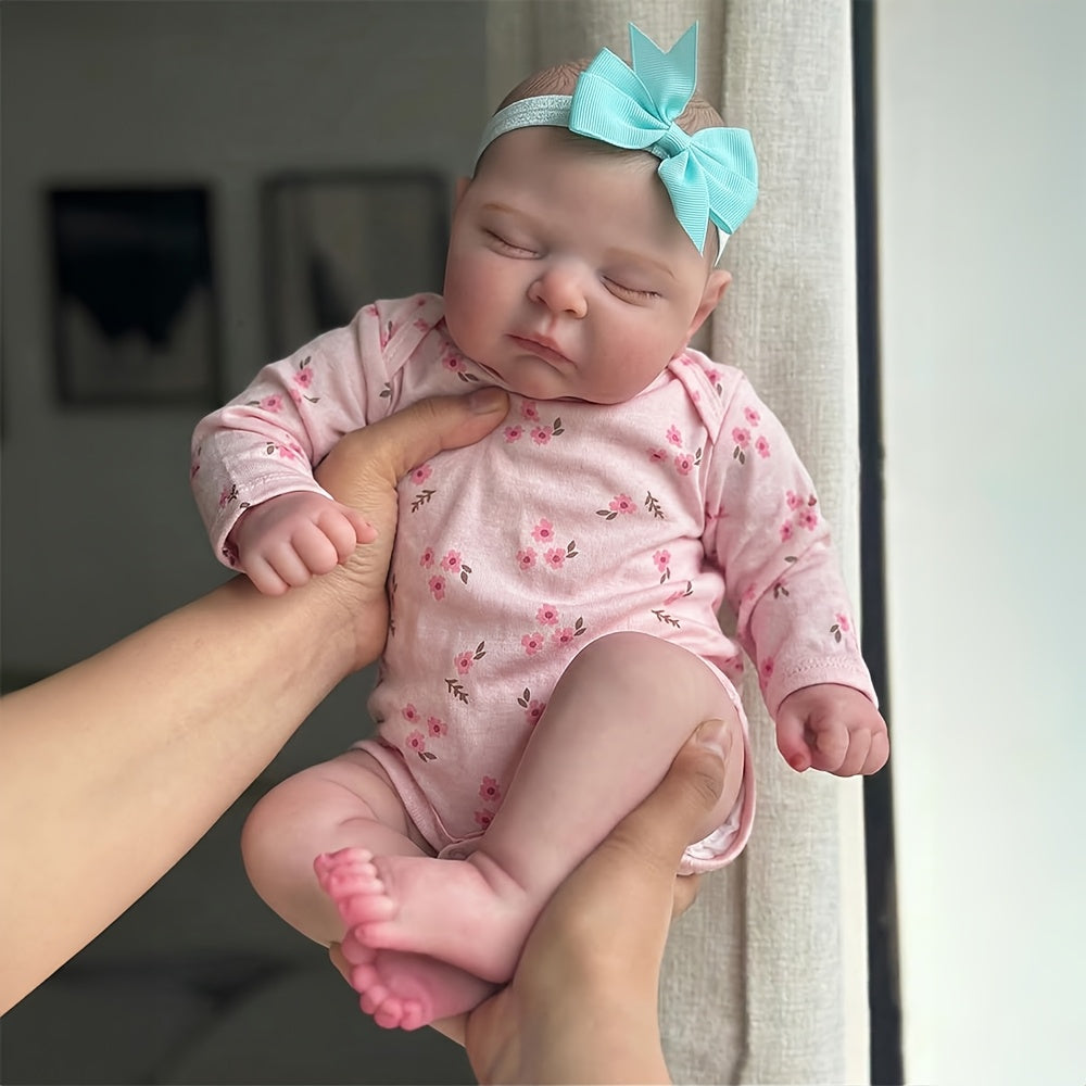 20 Inches 3D Skin Closed Eyes Reborn Baby Girl In Pink Floral Clothes- Peaches