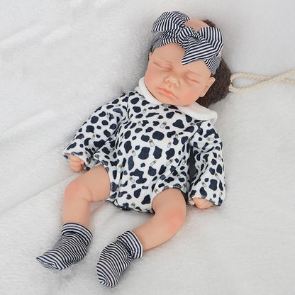 30cm Lifelike Closed Eyes Silicone Loulou Reborn Doll Girl in Black and white clothes
