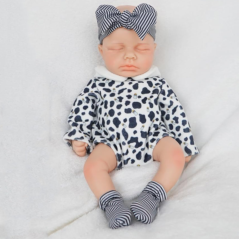30cm Lifelike Closed Eyes Silicone Loulou Reborn Doll Girl in Black and white clothes