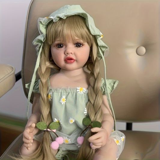 55cm Open Eyes Long Blonde Hair Betty Reborn Baby Girl In Green Daisy Outfits
