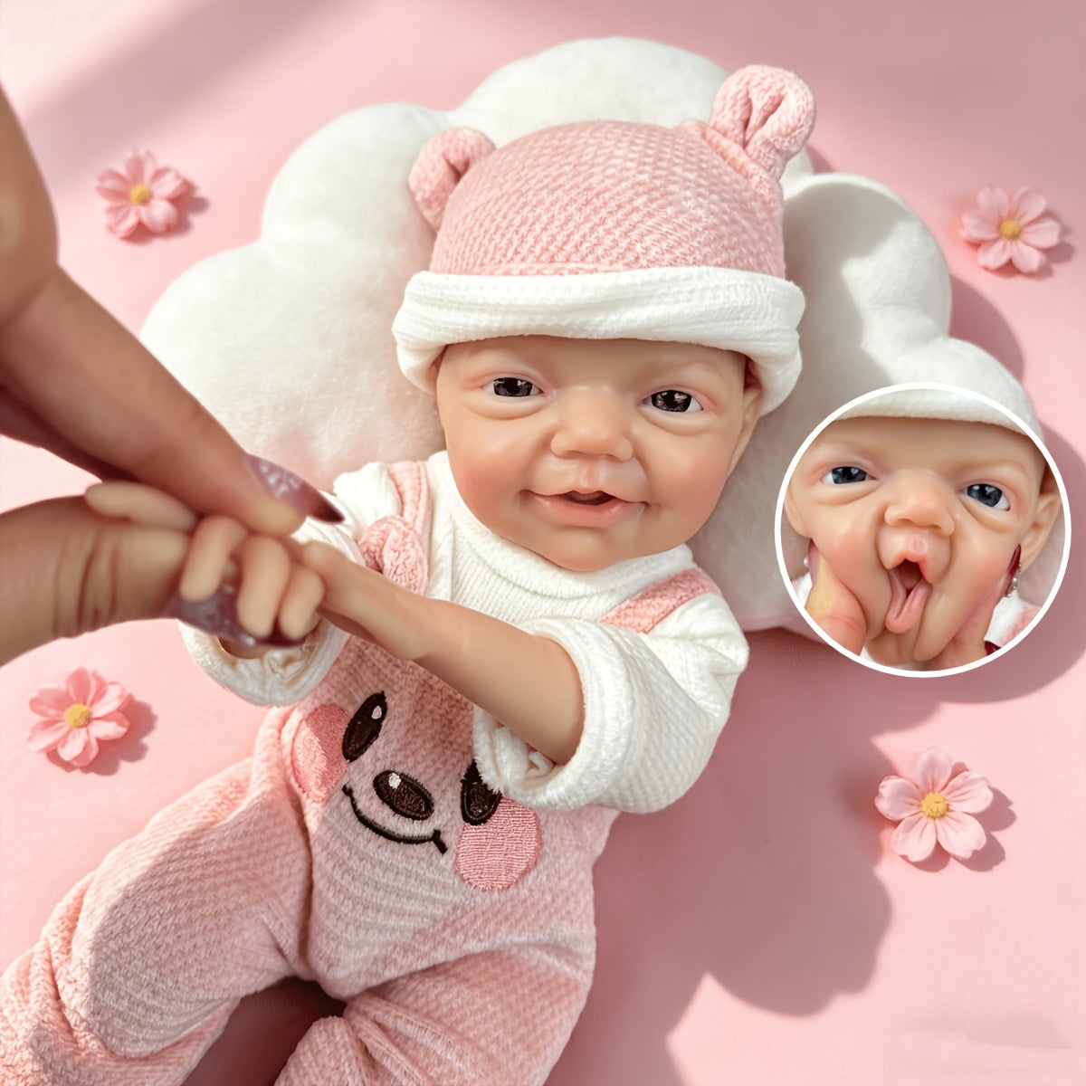 30cm Lifelike Smile Full Silicone Blue Eyes  Charlie Reborn Girl in Pink Bear Clothes