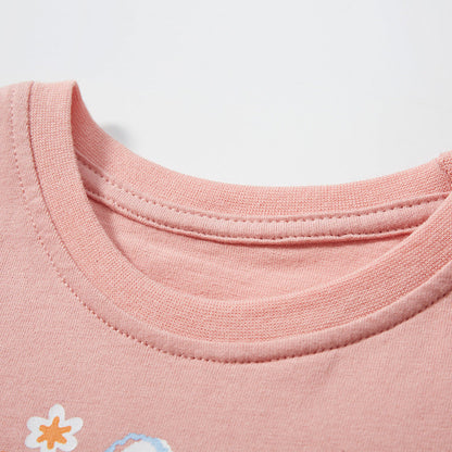 Girls' Short Sleeve T-Shirt with Round Neck and Cute Rabbit